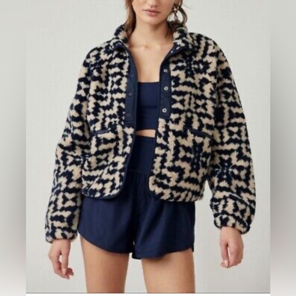 New Free People Rocky Ridge Fleece in Midnight Navy Combo Jacket Size xs